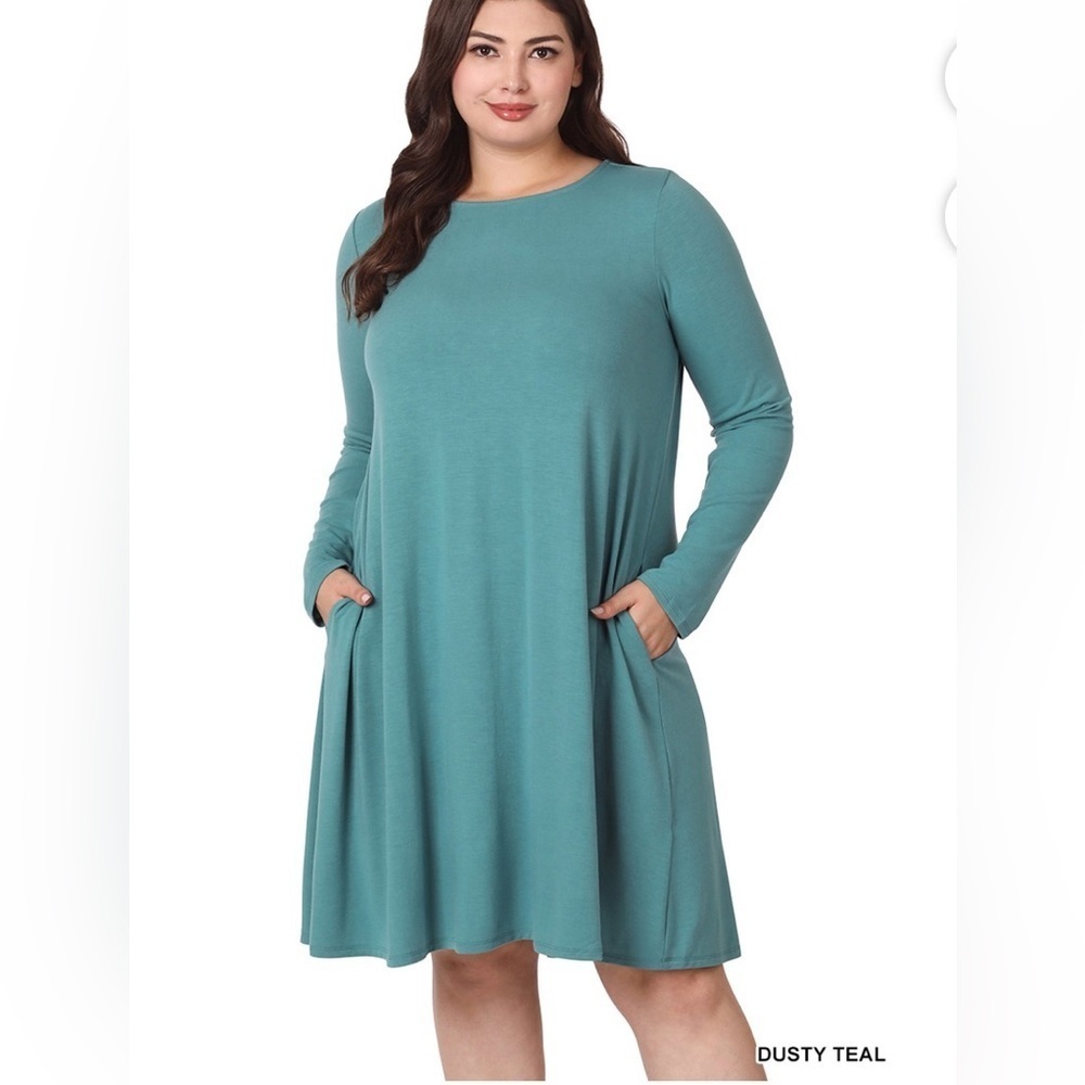 Zenana Long Sleeve Jersey Swing T-Shirt Dress with Side Pockets Dusty Teal XL